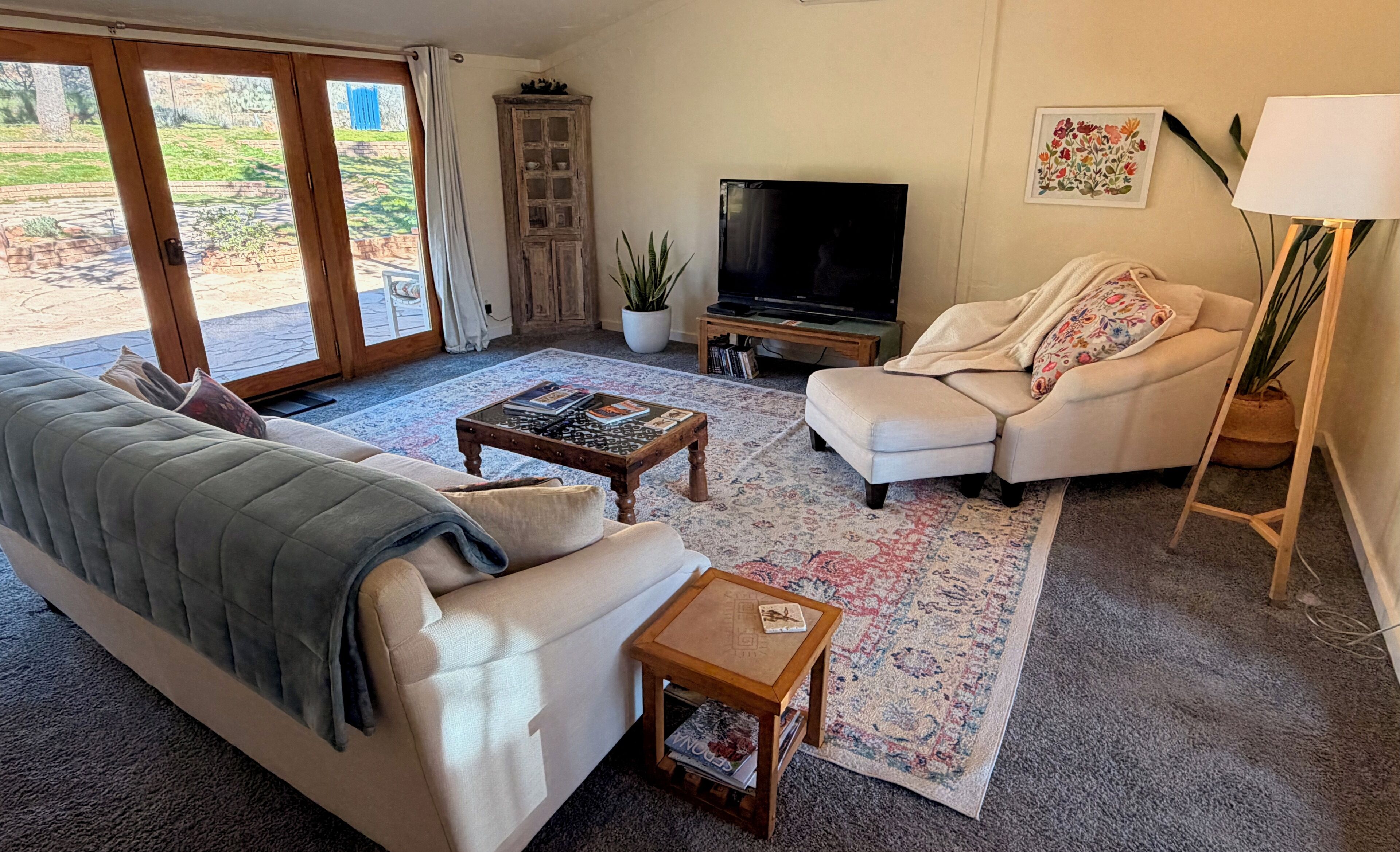 Un salon avec un canapé, une table basse, un téléviseur et une plante en pot.