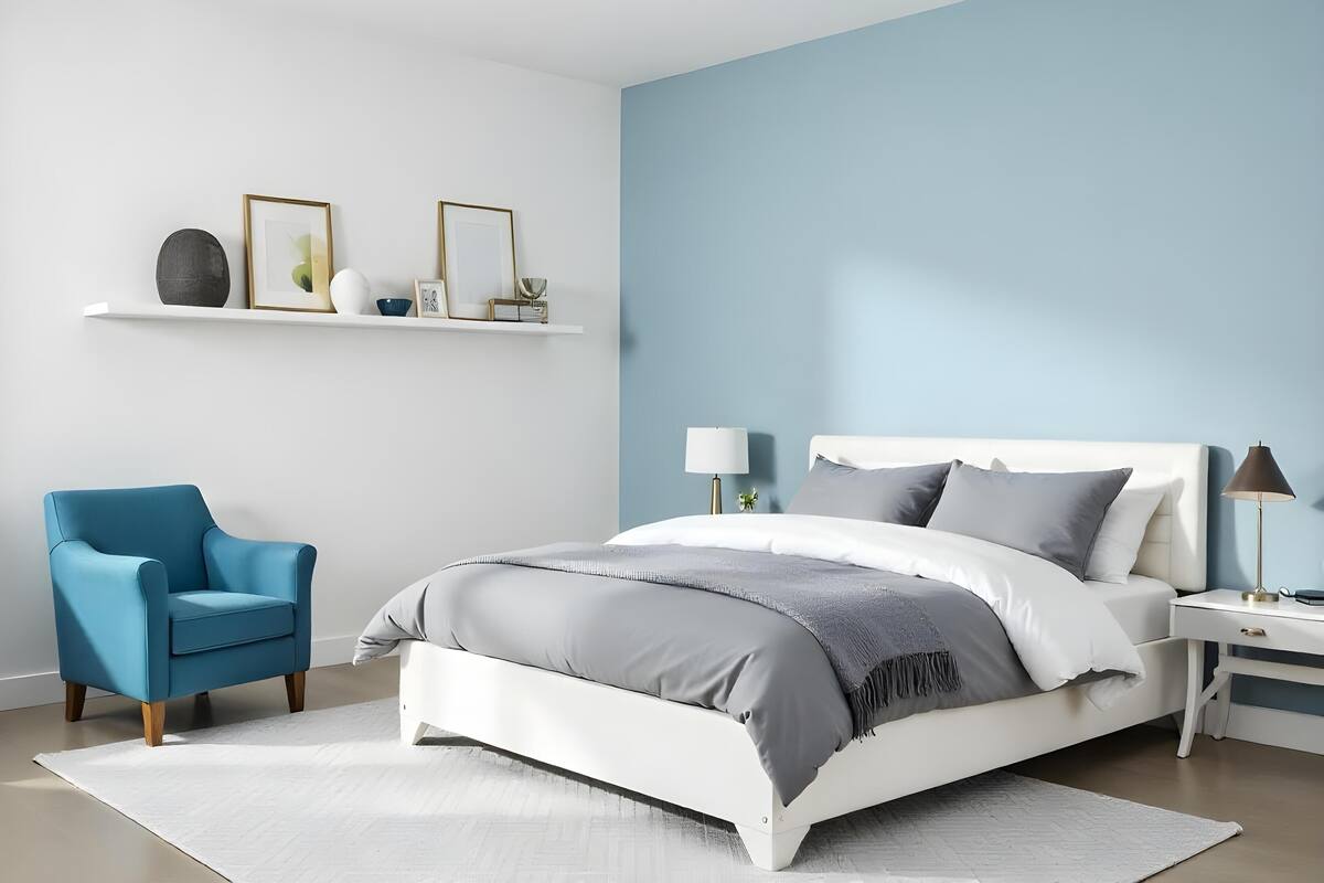 Quarto com uma cama, uma cadeira, uma mesinha de cabeceira e uma estante com objetos decorativos.