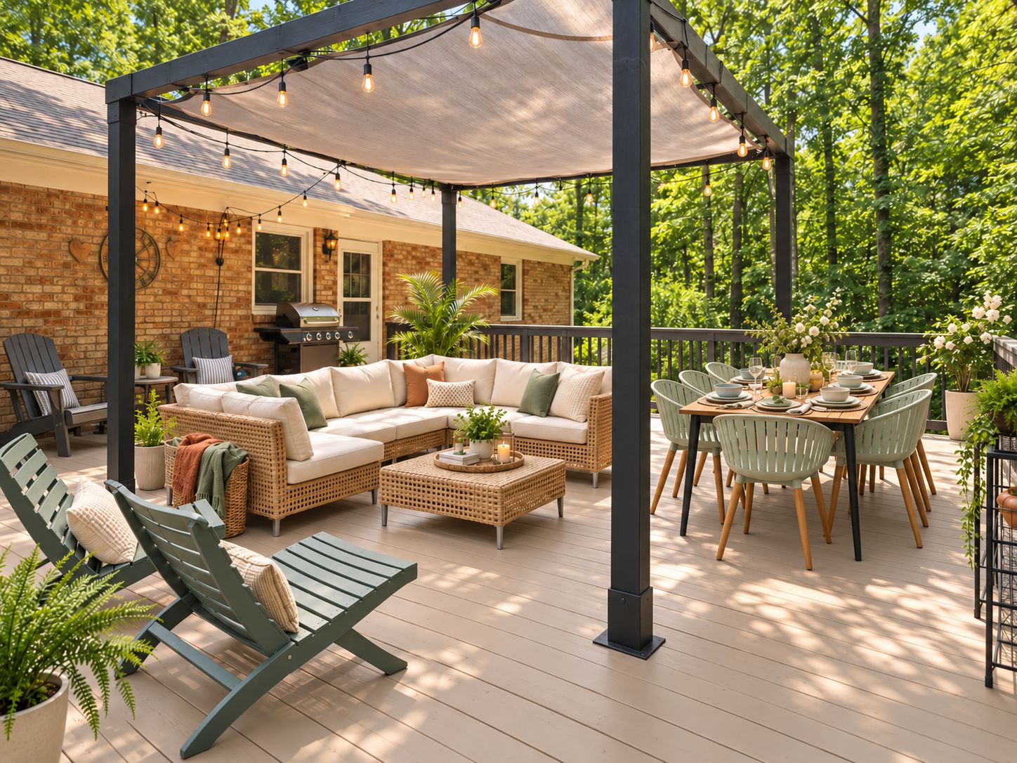An outdoor patio with a covered seating area, a dining table set for four, and a barbecue grill in the background.