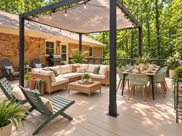 An outdoor patio with a covered seating area, a dining table set for four, and a barbecue grill in the background.