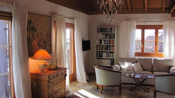 Smart TV, fireplace, books