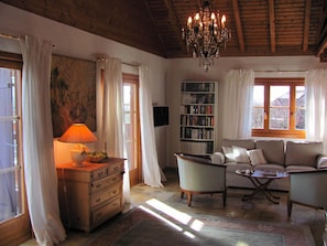 TV connectée, cheminée, livres