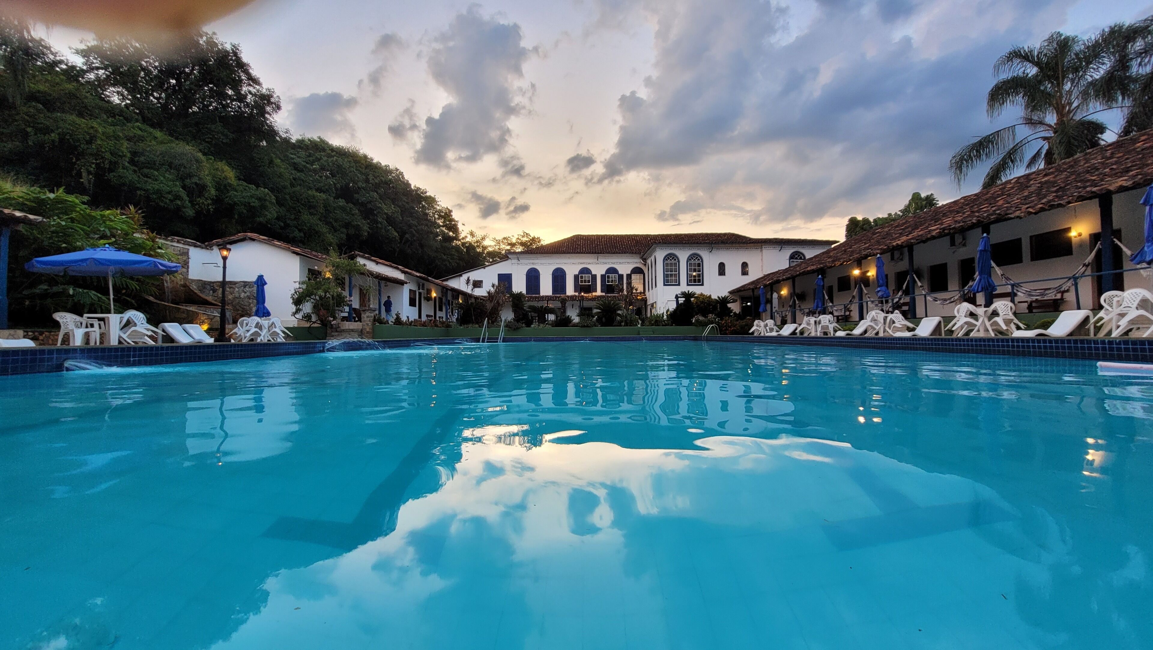 Outdoor pool, pool umbrellas, pool loungers