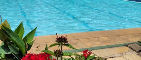 Piscine extérieure, parasols de plage, chaises longues