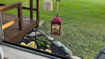 A wooden deck with a bench, a hanging bird feeder, and a lantern on the grass.