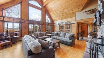 Smart TV, fireplace, books, music library