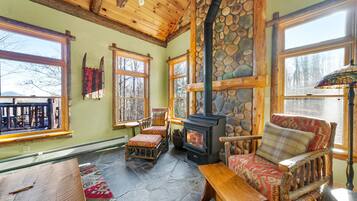 Smart TV, fireplace, books, music library