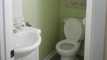 Duschwanne, Haartrockner, Handtücher, Seife