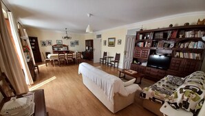 Amplia sala de estar con sofá, comedor con sillas, televisor y estantería.