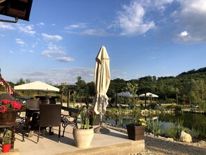 An outdoor seating area with tables and chairs, a large umbrella, and a pond with surrounding vegetation. - Beautiful Chalet With Lake -coming Soon (Jalzabet)