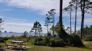 Una mesa de picnic en un área verde con árboles y vista al agua.