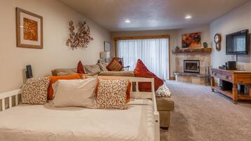 Télévision, cheminée, lecteur de DVD, chaîne hi-fi