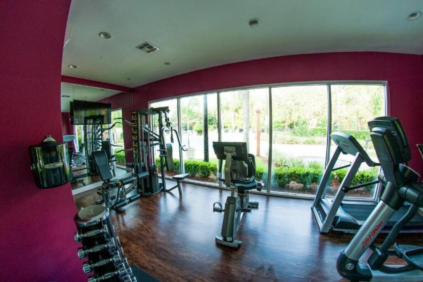 A gym with exercise equipment, large windows, and a curved ceiling.