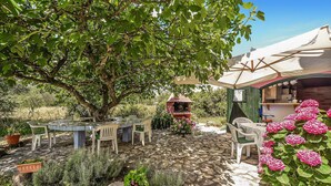 Un patio al aire libre con una mesa y sillas, rodeado de plantas en macetas y un árbol grande.