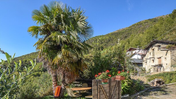 A rustic stone building with a traditional sloped roof, surrounded by lush greenery and a palm tree. - Cozy apartment in Verrayes with sauna (Verrayes)