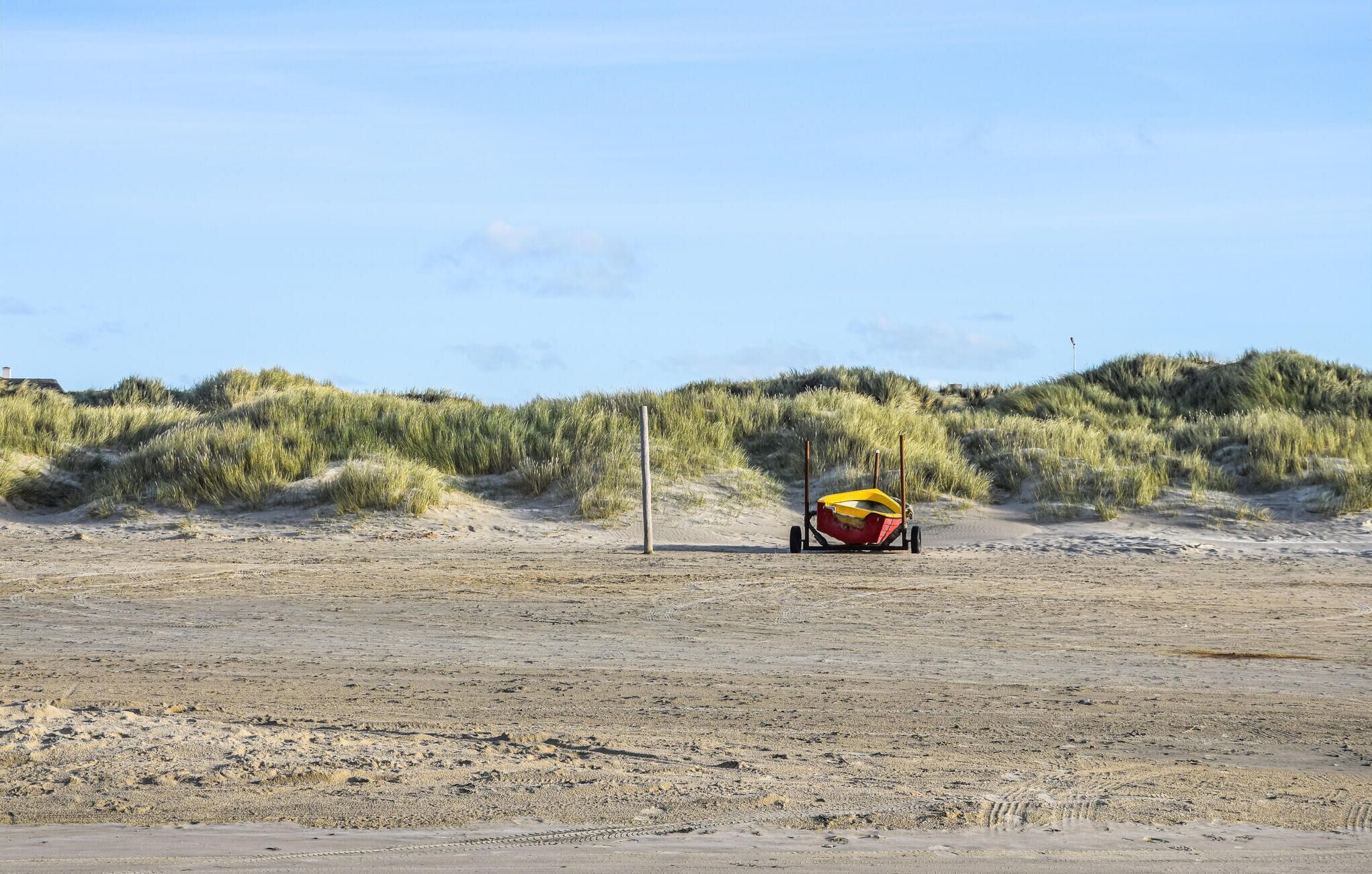 Une plage de sable avec une végétation clairsemée et un petit bateau jaune.