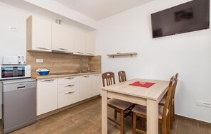 Fridge, stovetop, dishwasher, coffee/tea maker