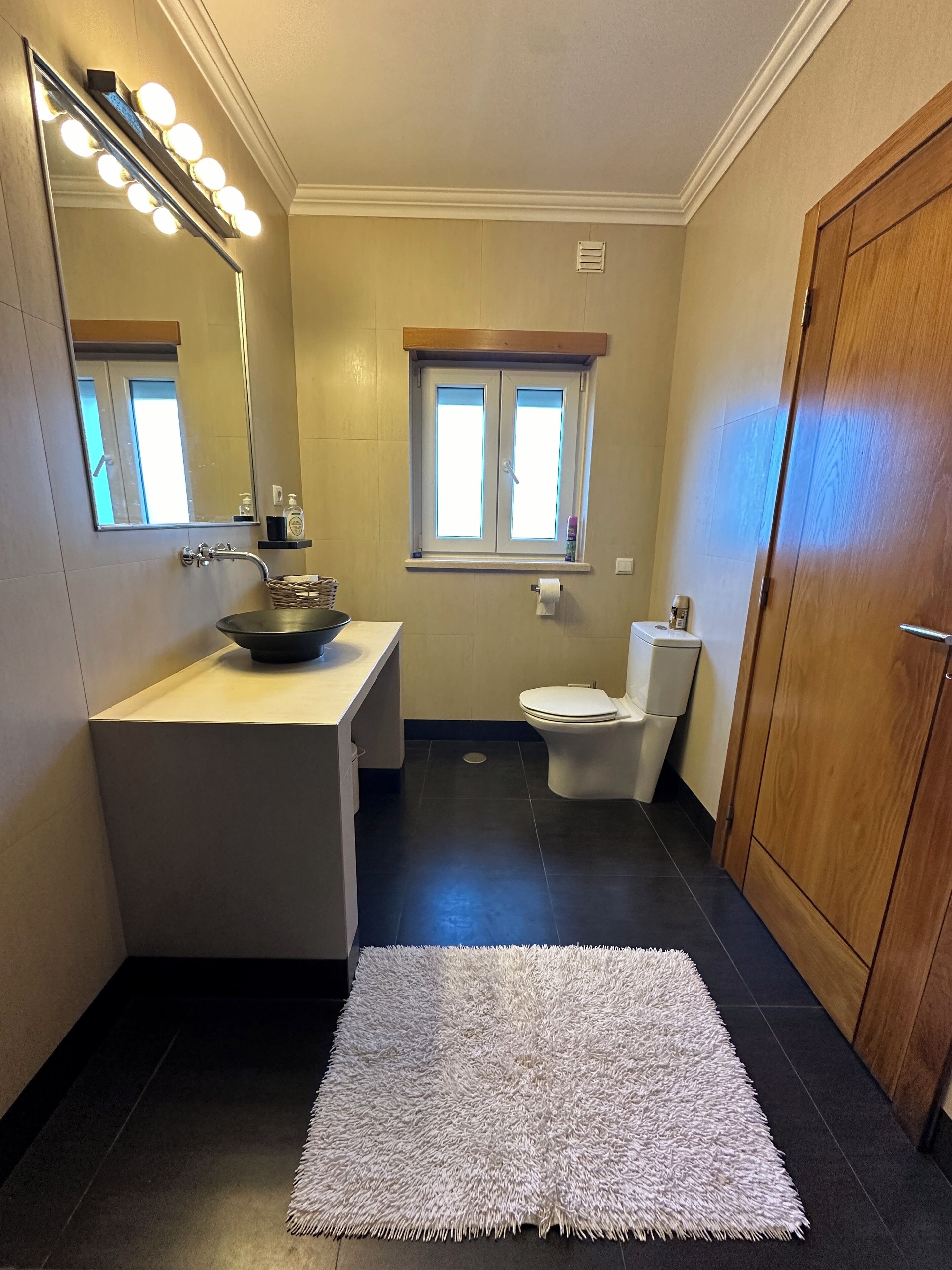 Une salle de bain avec un meuble-lavabo, un miroir, des luminaires, des toilettes et un tapis.