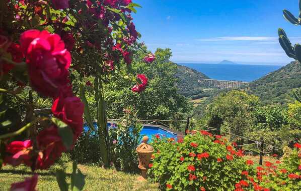 Un giardino con fiori rossi, una piscina e vista su un ponte e montagne.