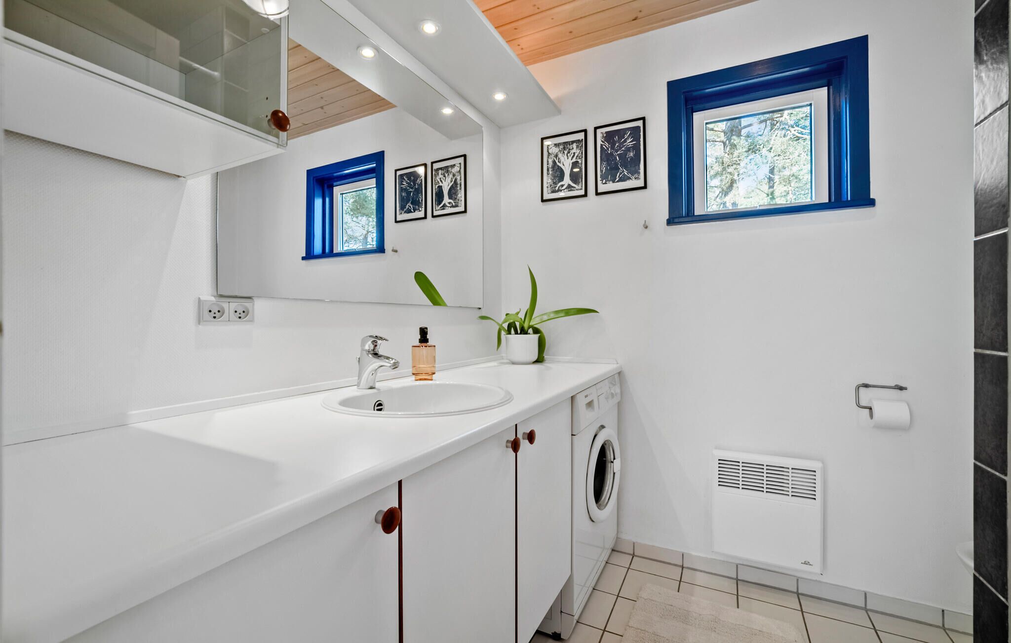 Een moderne badkamer met een wit wastafel, een spiegel, een potplant, een wasmachine en een raam met blauwe rand.