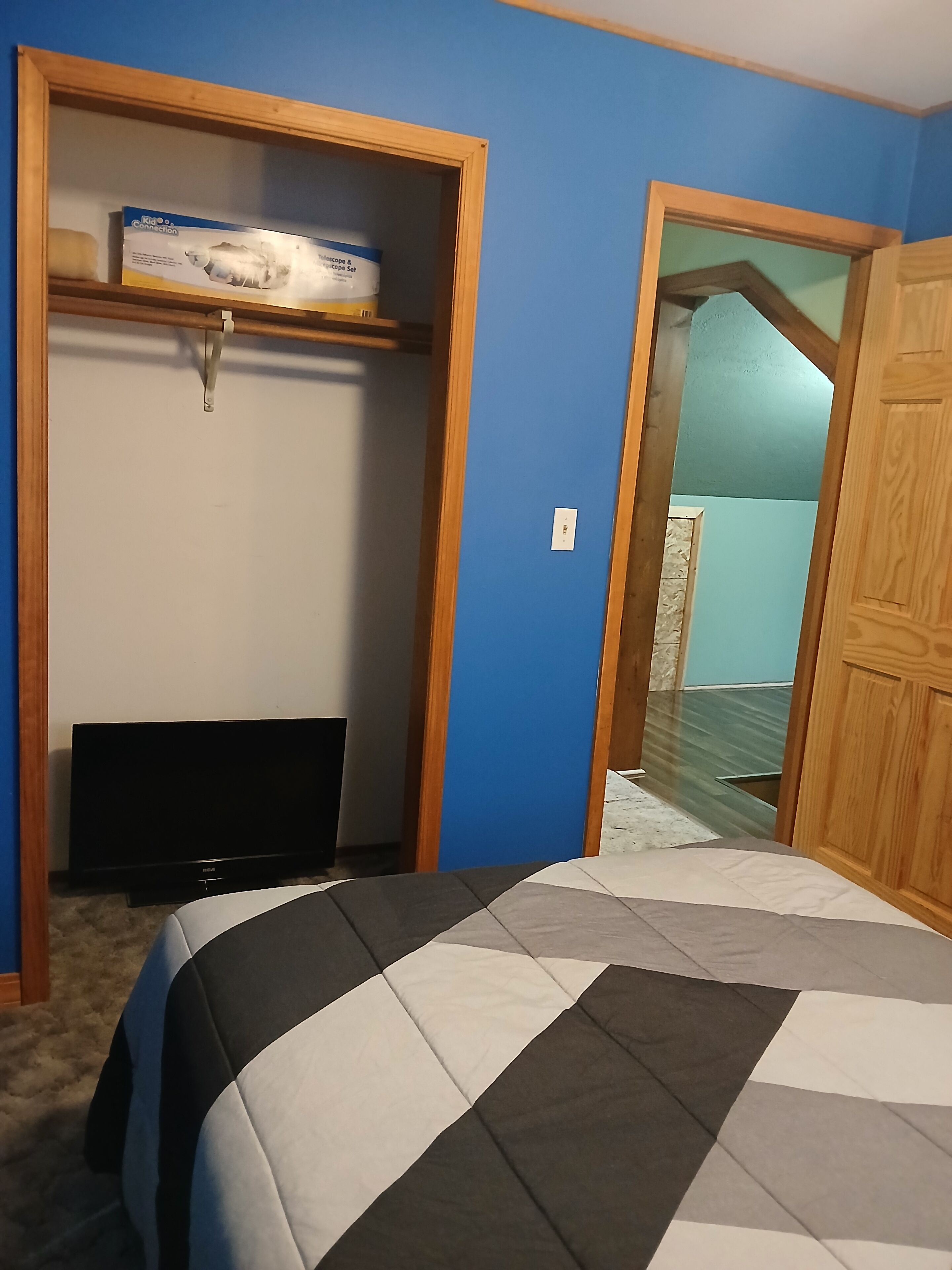Un dormitorio con cama, televisión y armario.