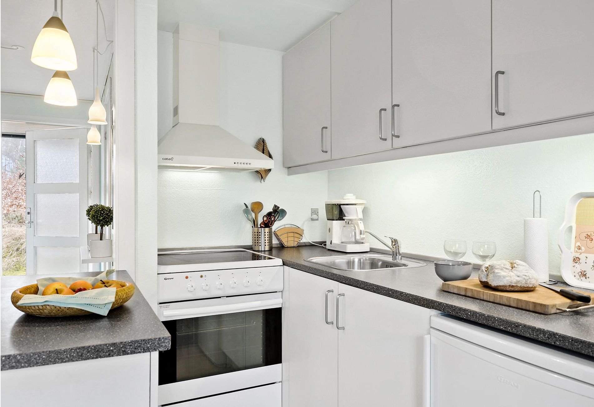 Fridge, stovetop, coffee/tea maker