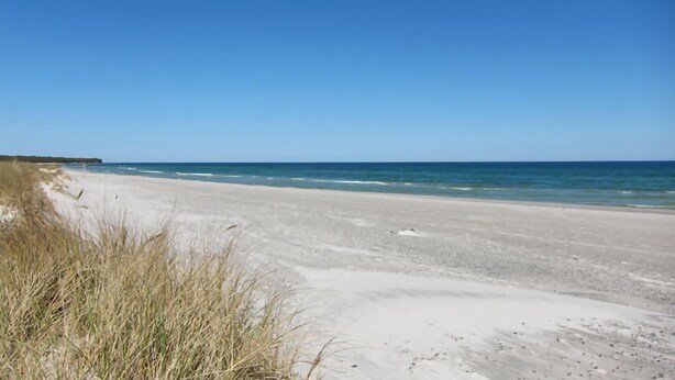 A beach with sand and sparse grass, a clear sky, and calm ocean waves. - 2 bedroom awesome home in Nexø (Nexø)
