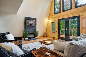 Smart TV, fireplace, books
