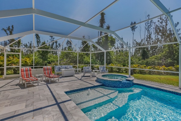 Gas Firepit, outdoor couch, 2 side chairs, 2 lounge chairs with side tables