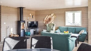 Ein modernes Wohnzimmer mit Kamin, Fernseher und einem großen Fenster.