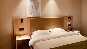 Habitació d'hotel amb un llit, taules de nit, aire condicionat fixat a la paret i una obra d'art penjada.