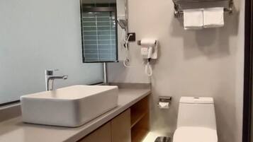 A modern bathroom with a large white sink, a toilet, and a mirror.