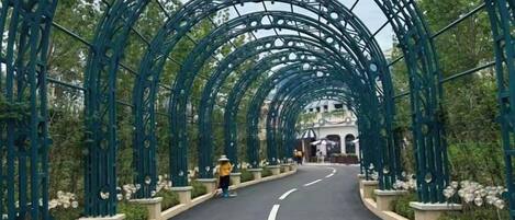A pathway with a metal archway, lined with greenery and leading to a building.