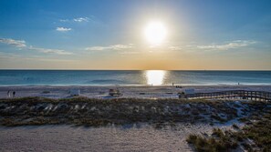 On the beach, sun-loungers