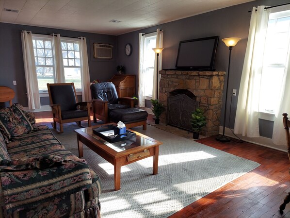 TV, fireplace, DVD player, books