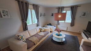 A modern living room with a sofa, a coffee table, and a television.