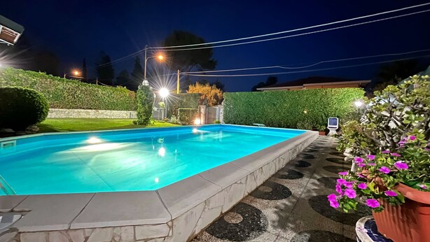Ein Schwimmbecken mit Steinbord, umgeben von einem Garten mit Kübelpflanzen und einer Hecke.