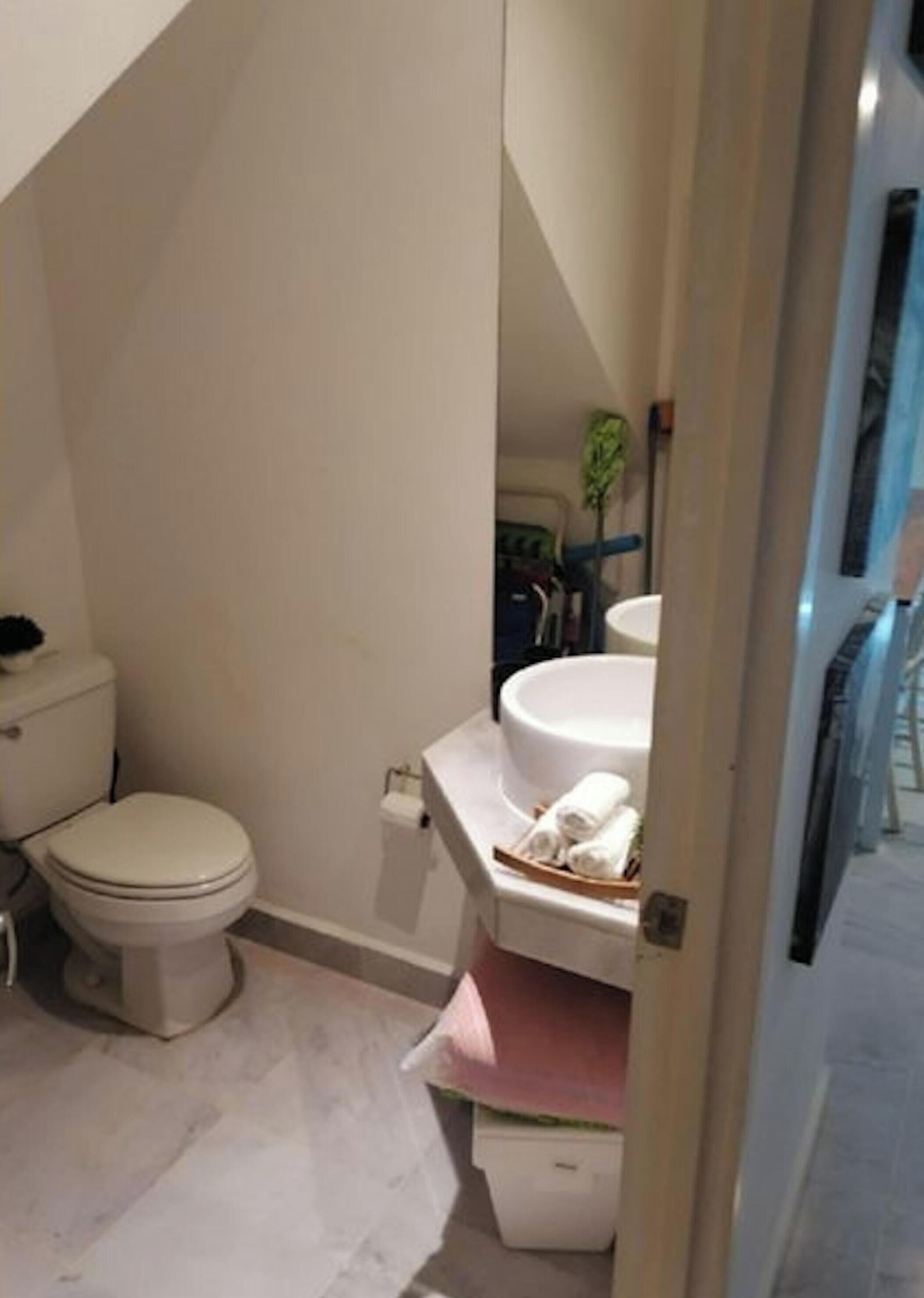 A bathroom with a toilet, sink, and towel rack.