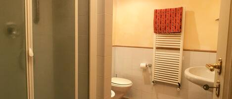 Une salle de bain comprenant des toilettes, un lavabo, une douche en verre et un porte-serviettes.