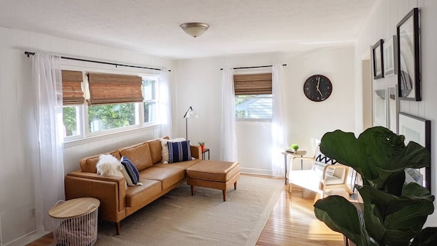 A living room with a brown leather sofa, a wooden coffee table, a small round table with a lamp, and a large green plant.
