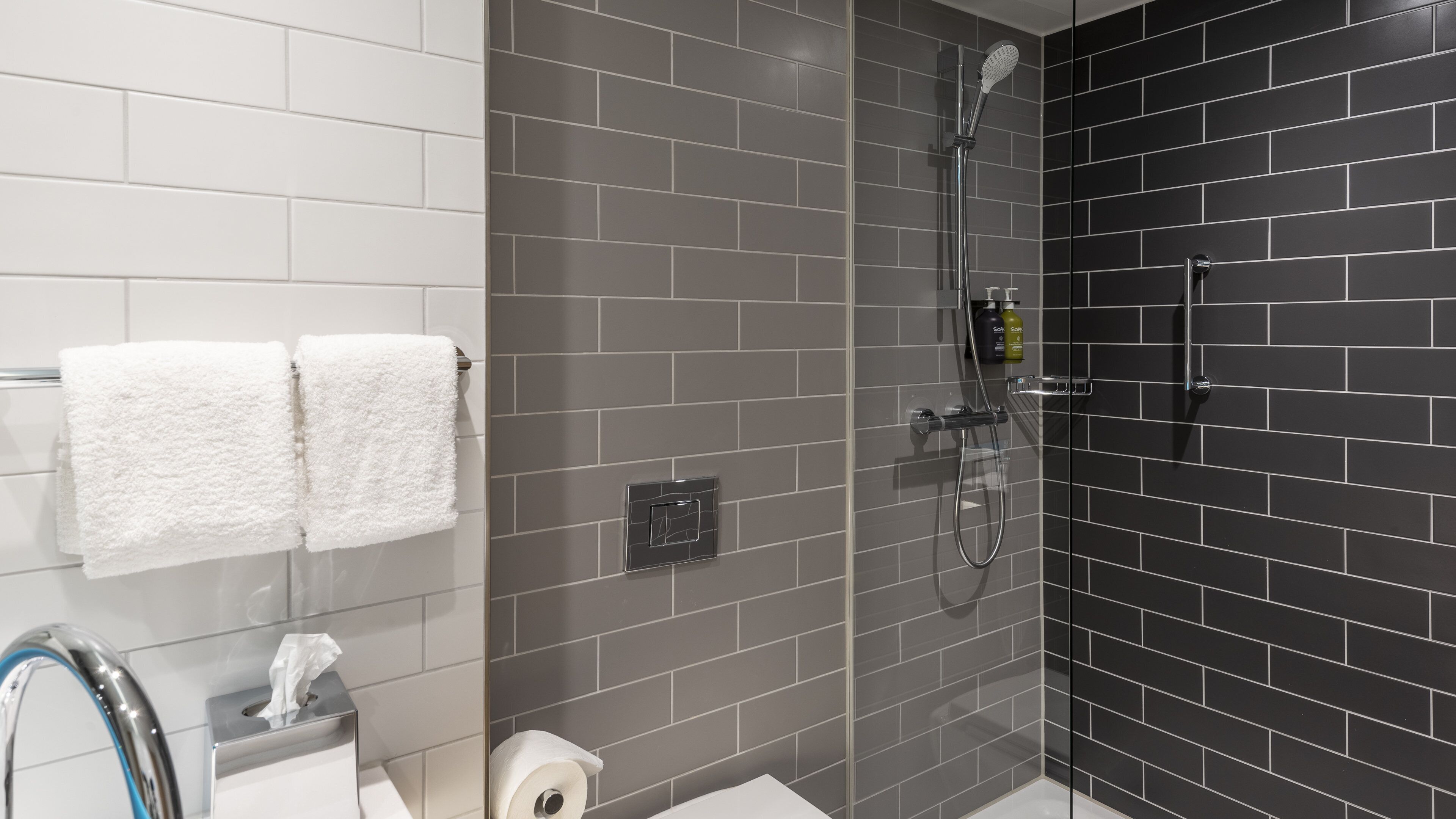 Une salle de bain avec une douche, deux serviettes blanches, un porte-rouleau de papier toilette et un distributeur de savon.