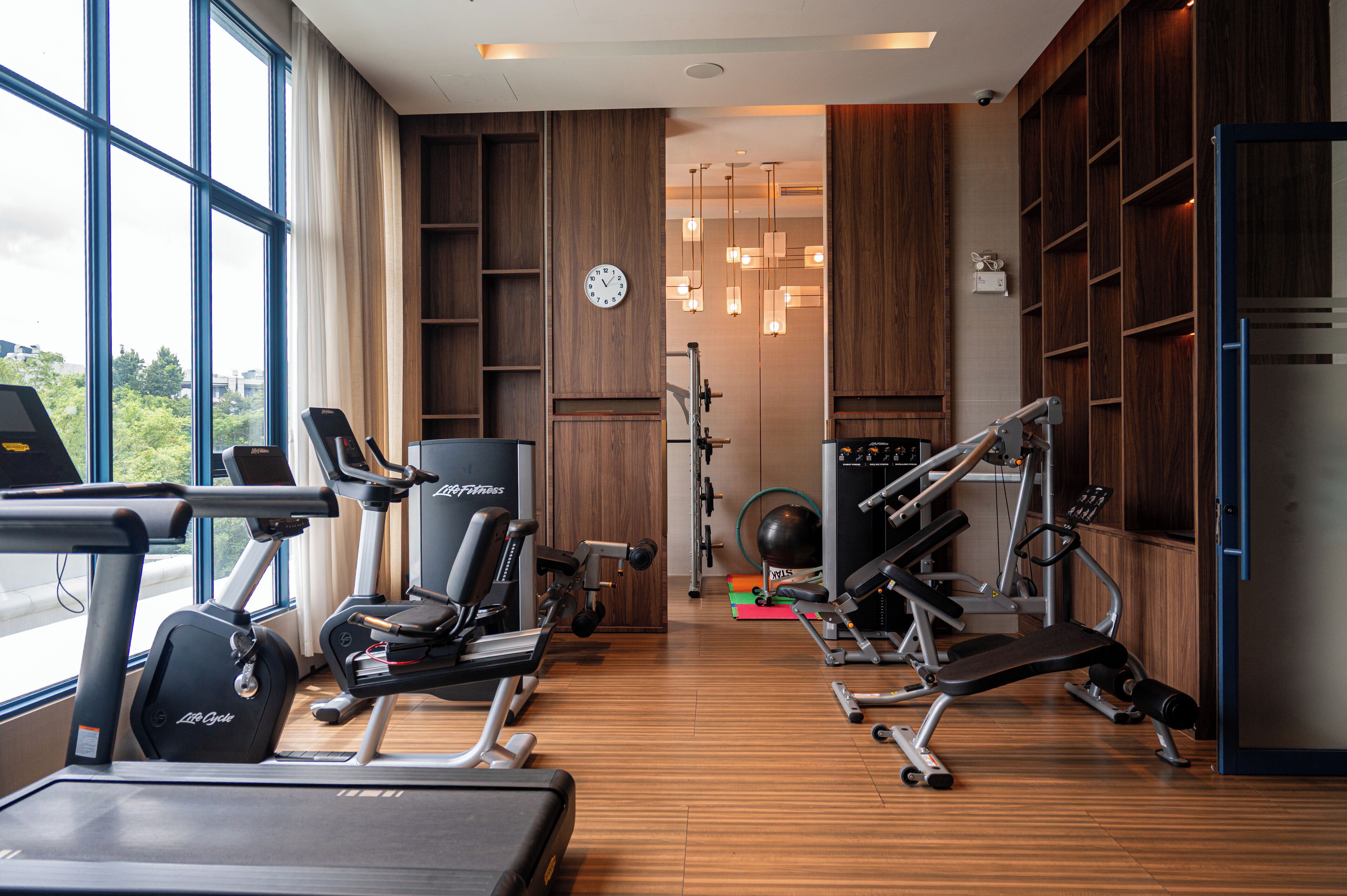 Een moderne sportschool met cardioapparatuur, krachttoestellen en een groot raam met uitzicht op de natuur.
