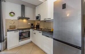 Fridge, stovetop, dishwasher, coffee/tea maker