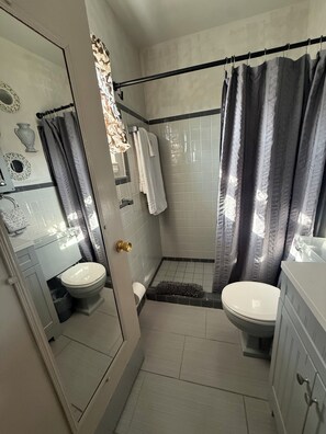 A bathroom with a toilet, a shower, and a bathtub. There is a towel rack with towels, a mirror, and a door with a brass handle.