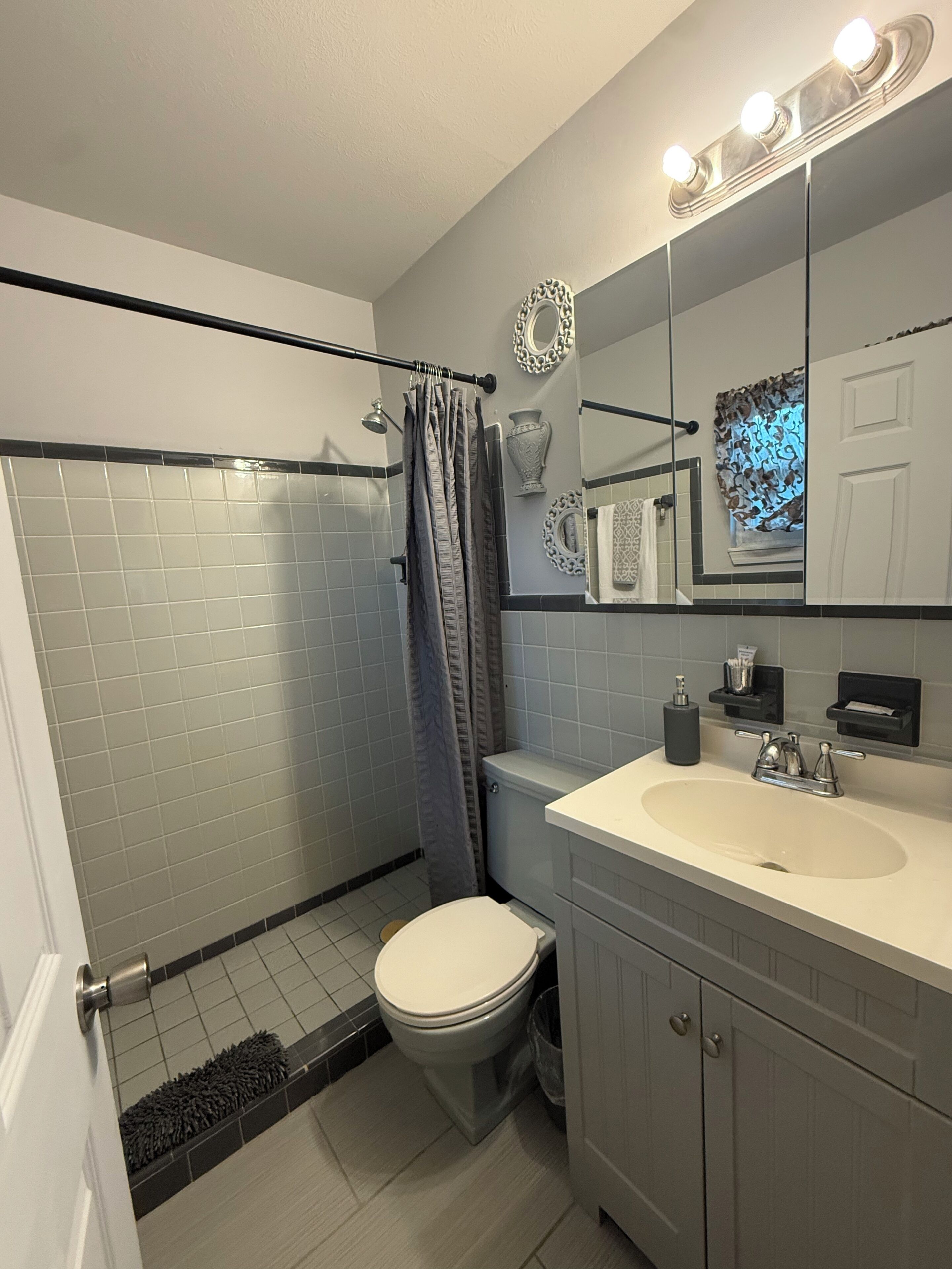 A bathroom with a toilet, sink, and shower area.