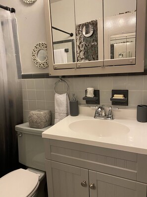 Duschwanne, Haartrockner, Handtücher, Seife