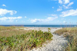 A beach path leading to the ocean with sand and vegetation.