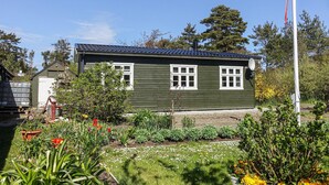 Una casa in legno verde con persiane bianche e un'antenna parabolica, circondata da un giardino con diverse piante e fiori.