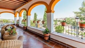 A covered balcony with terracotta tiles, wicker furniture, and potted plants.