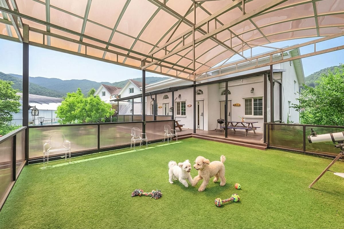 A covered patio with artificial grass, a telescope, and a view of a lake and houses.
